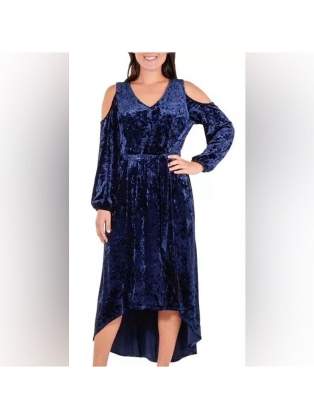 🔥NEW🔥 NY Collection Women's SM Navy Crushed Velvet Cold-Shoulder Ti Dress